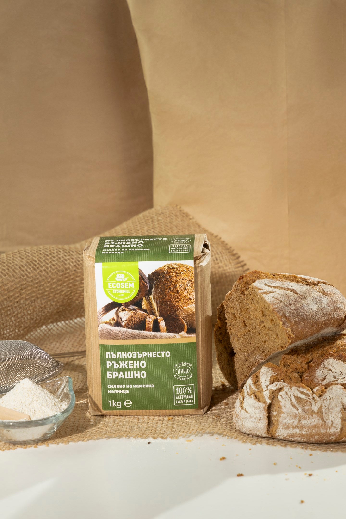 Natural whole grain rye flour milled on a stone mill